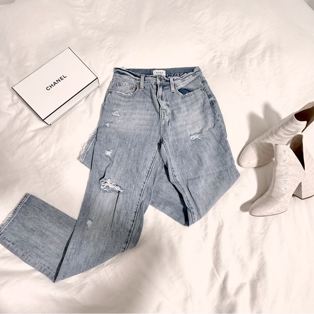{pistola} distressed light wash straight leg jeans